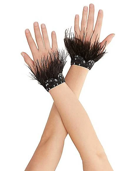 Black Faux Feather Raven Gloves 1 Black Faux Feather Raven Gloves