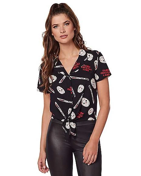 Adult Tie Front Jason Voorhees Shirt - Friday The 13th 1 Adult Tie Front Jason Voorhees Shirt - Friday The 13th