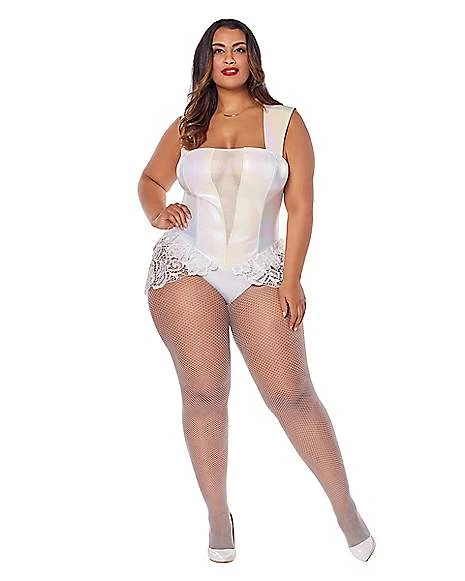 White Faux Leather Lace Plus Size Bodysuit 1 White Faux Leather Lace Plus Size Bodysuit